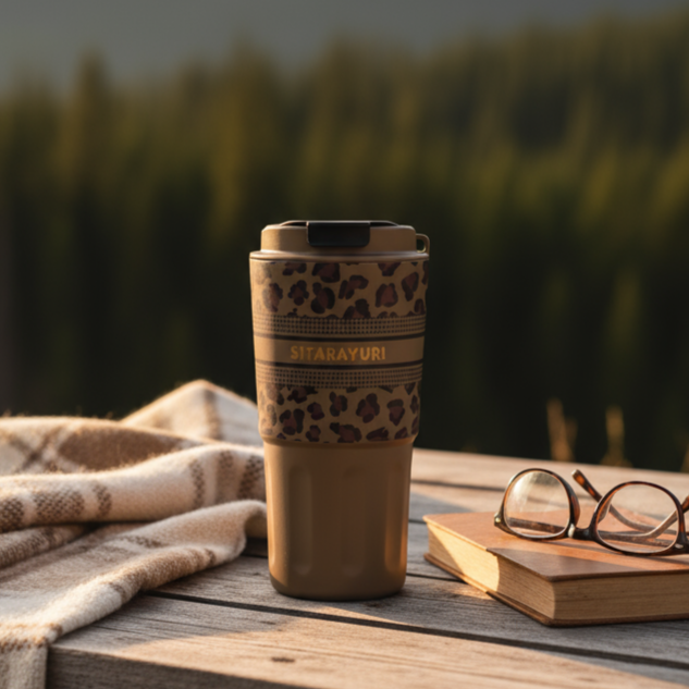 Tumbler with leopard print design on a wooden table with a scenic background of mountains and trees.