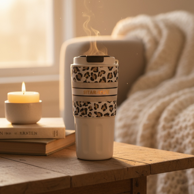 Leopard print mug with steam on a wooden table next to a candle and books, with a cozy living room background.